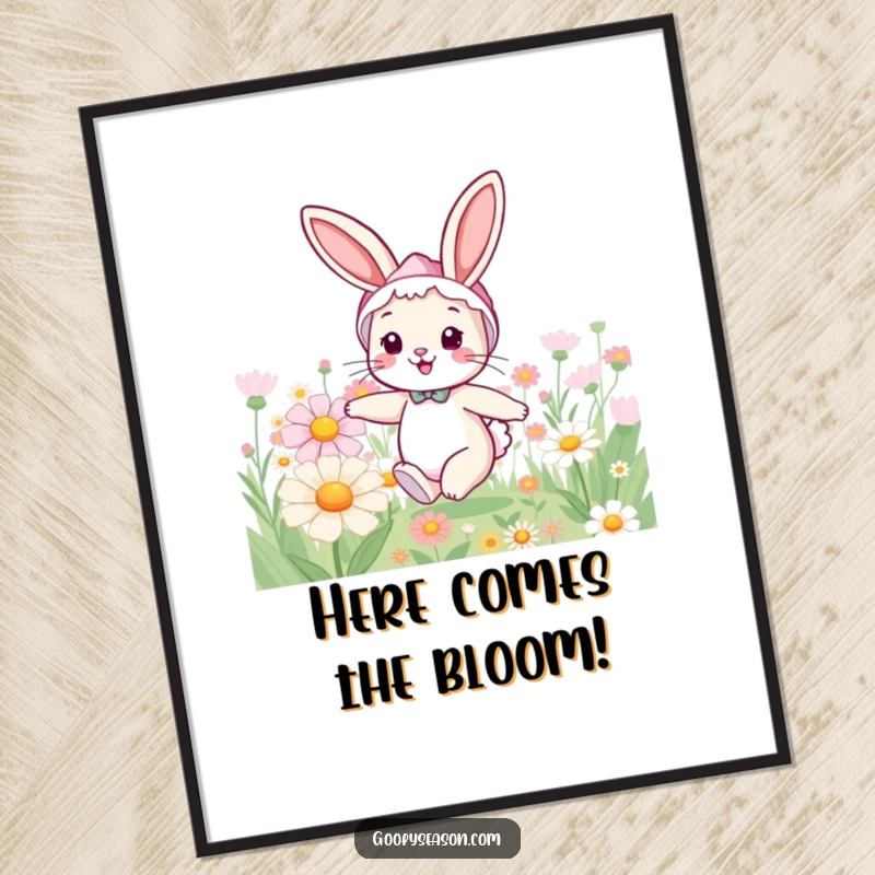 Funny bunny digital art print: a cheerful rabbit in a spring bonnet hopping through a field of giant flowers.