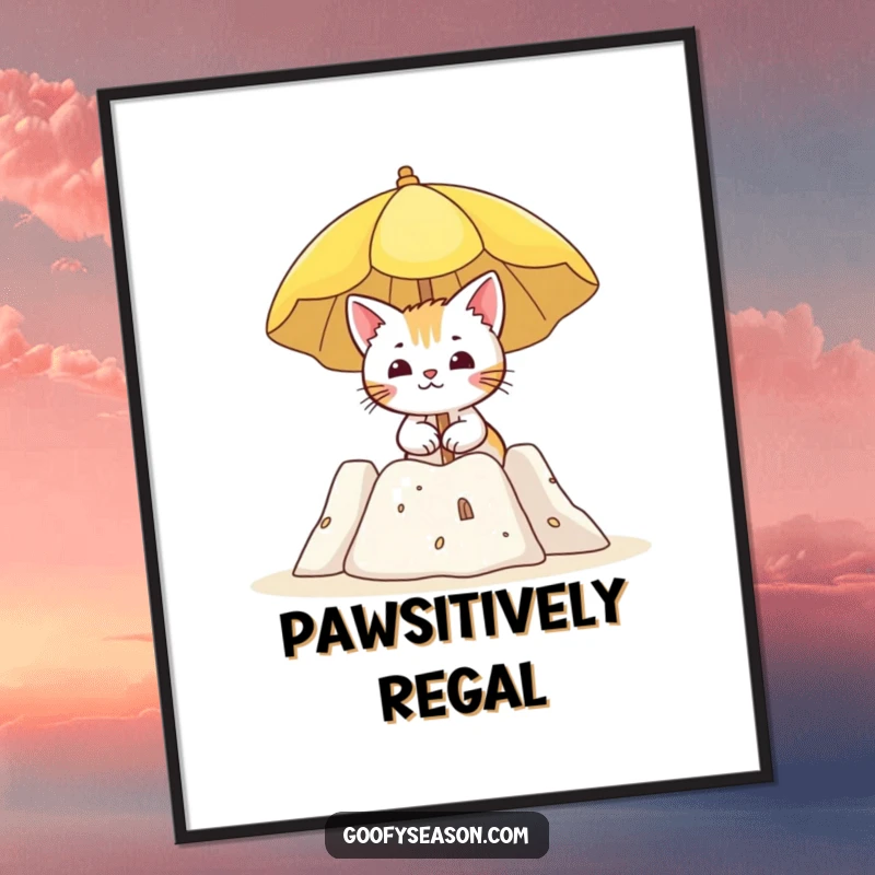 Funny digital art print of a curious cat holding a sun umbrella by a sandcastle, capturing a perfect beach day.