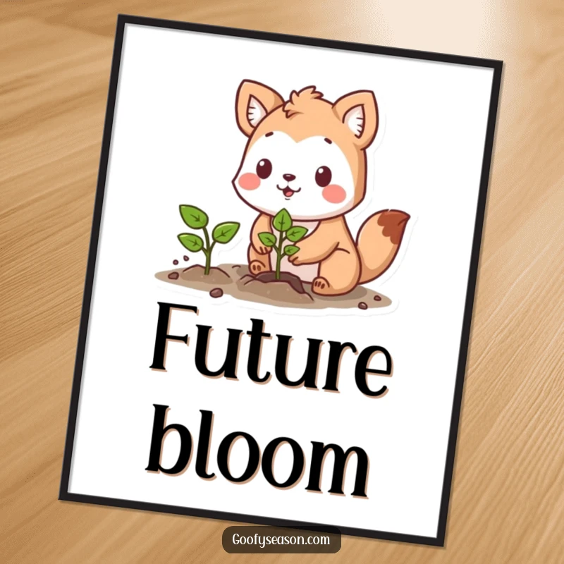 Funny digital art of a determined animal character planting a vibrant seedling with a hopeful expression.