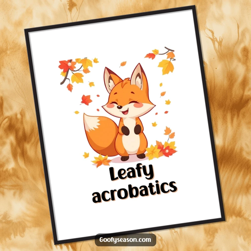 Funny fox character playfully juggling colorful autumn leaves, available as a digital art print for instant fall decoration.