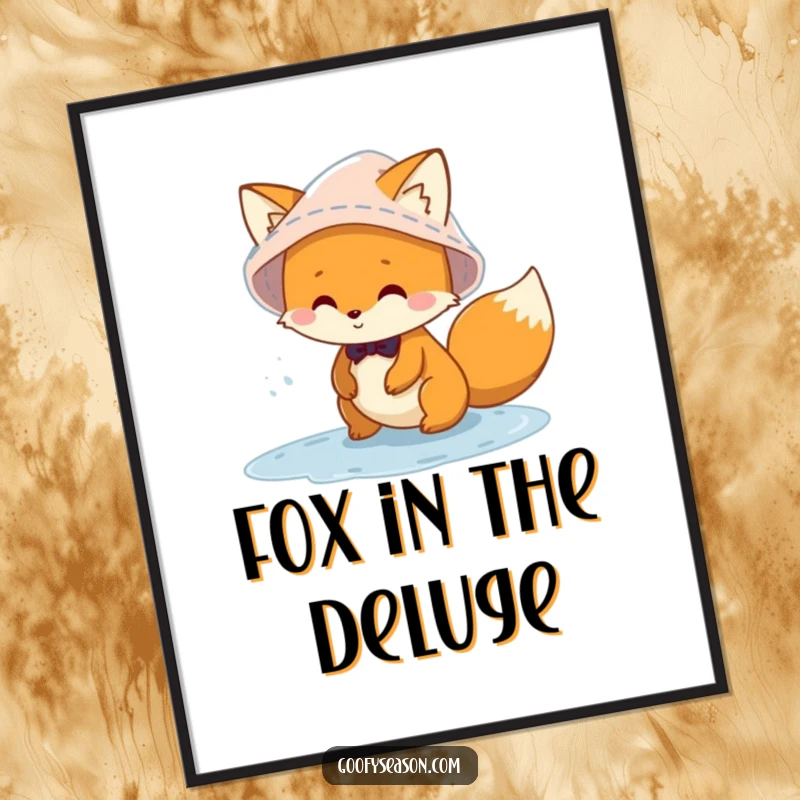 Funny mischievous fox character wearing a rain hat, splashing in puddles, presented as a digital art print for instant decor.