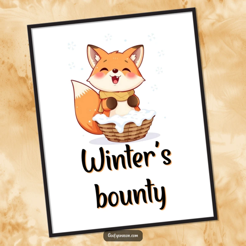 Funny Fox Digital Art Print: A smiling fox enthusiastically catching falling snowflakes in a basket, bringing winter magic.