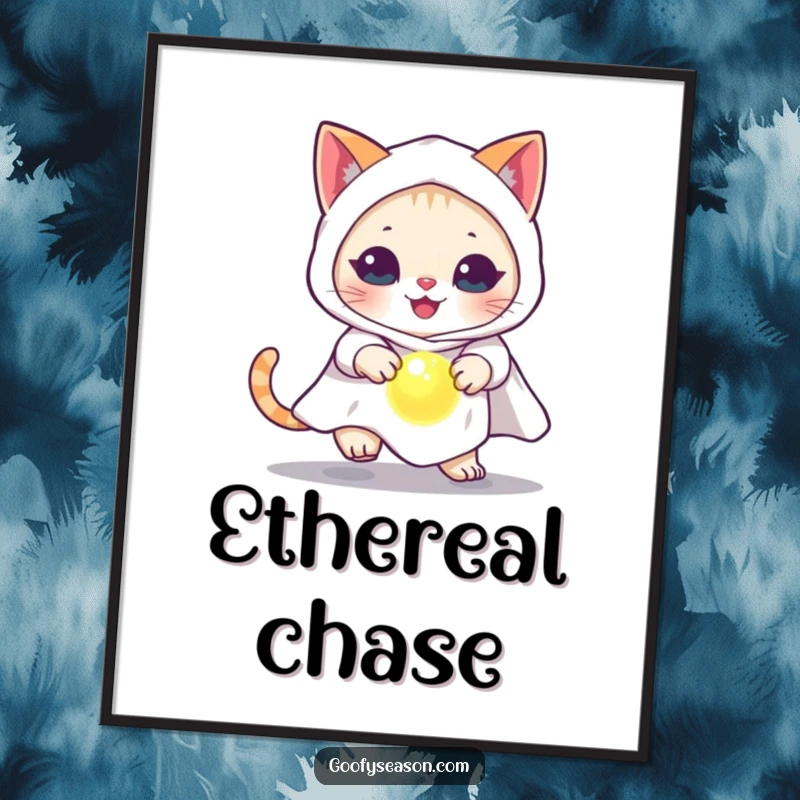Funny cat dressed as a ghost, chasing a glowing orb, a downloadable digital art print.