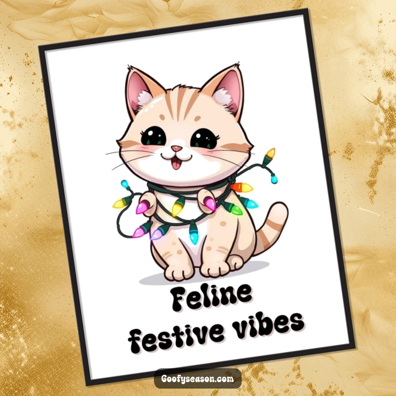 Funny digital art print of an energetic cat blinking playfully, wrapped in glowing holiday Christmas lights.