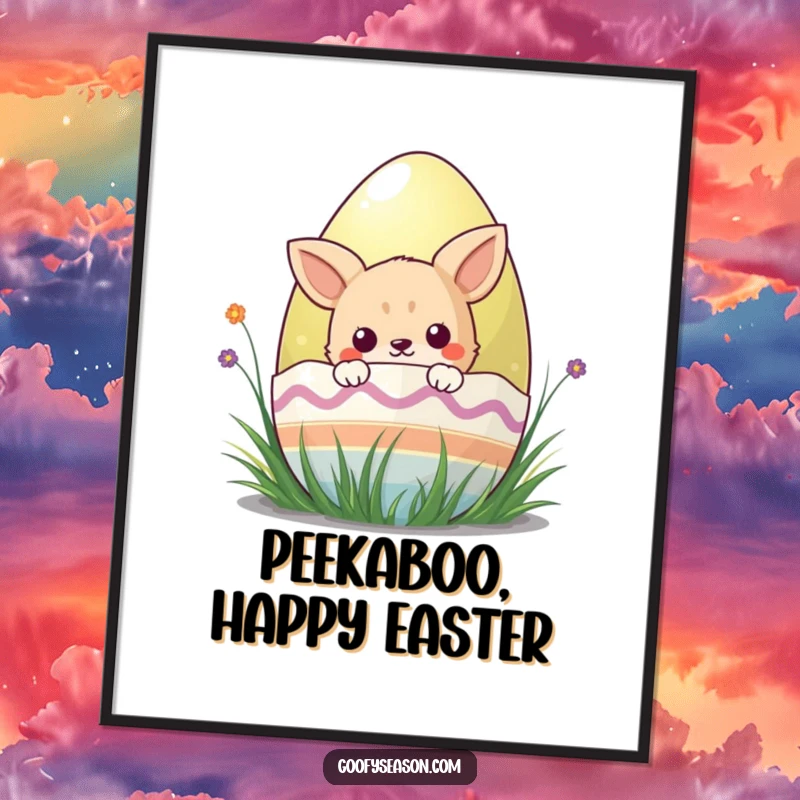 Funny kawaii animal character peeking from behind a colorful Easter egg, ready to be printed as digital art.