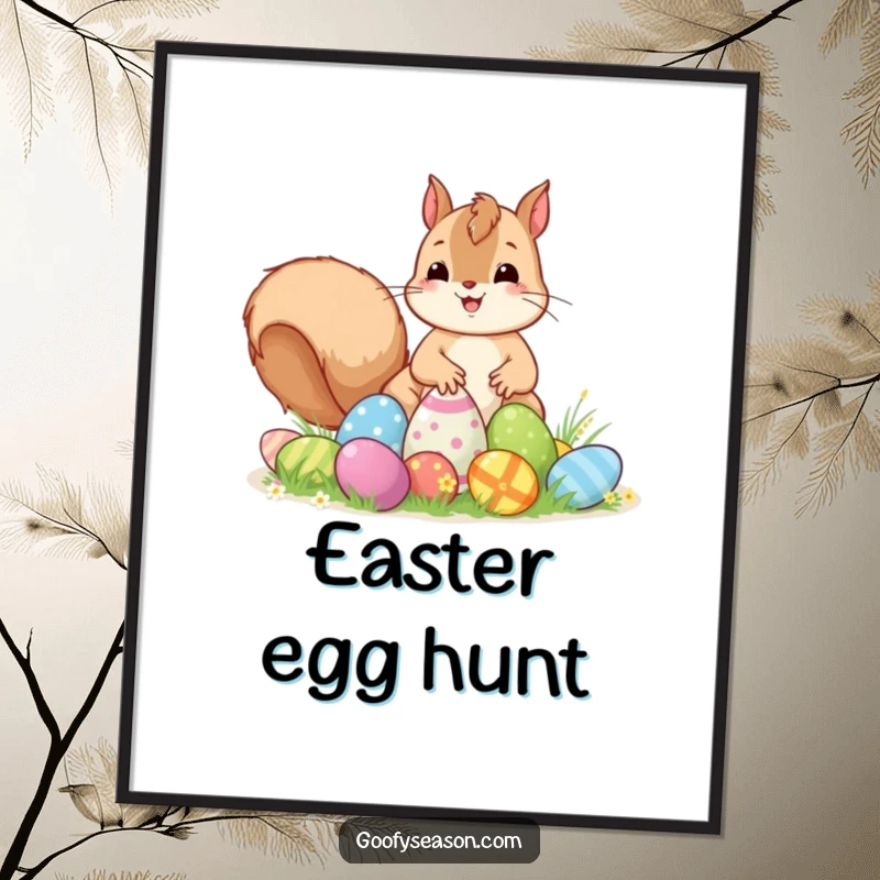 Funny Kawaii squirrel excitedly hiding colorful Easter eggs, a charming and funny Easter-themed digital art print.