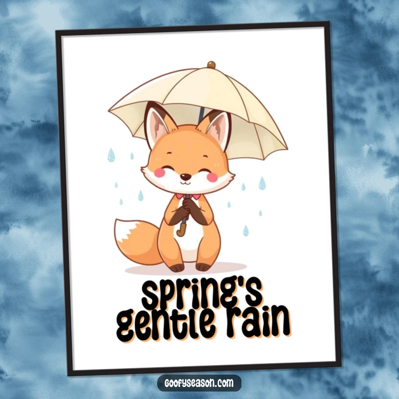 Funny Kawaii fox holding an umbrella under cheerful spring raindrops, a charming and funny digital art print.