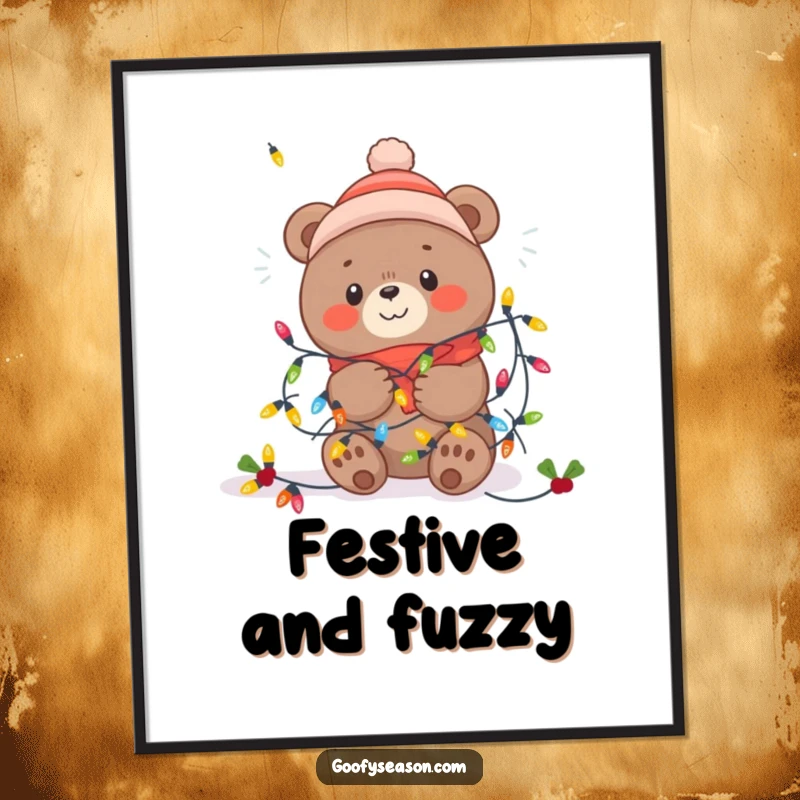 Funny Kawaii bear caught in a playful tangle of festive winter lights, a charming digital art print.