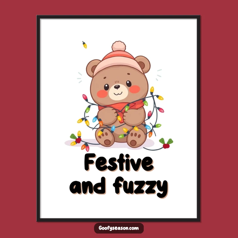 Funny Kawaii Winter Bear Digital Art - Festive Lights Tangle Print