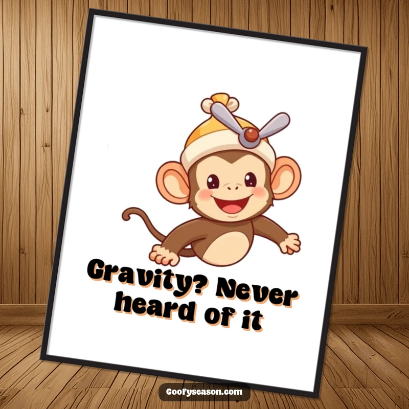 Funny digital art print of a cheerful monkey pilot in a propeller beanie, flying through a summer sky, for immediate joyful decor.