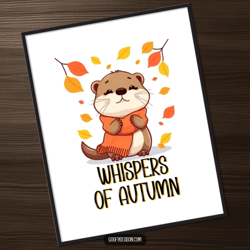 Funny Digital Art Print: A curious otter in a scarf watches falling autumn leaves.