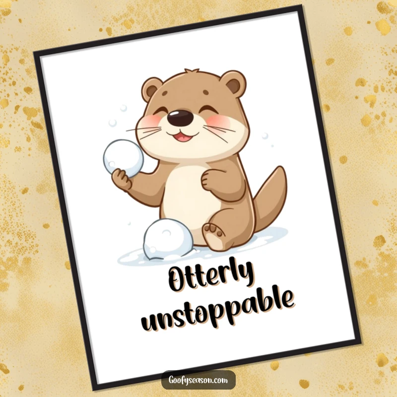 Funny digital art print capturing a playful otter character energetically engaged in a hilarious snowball fight, perfect for lively decor.