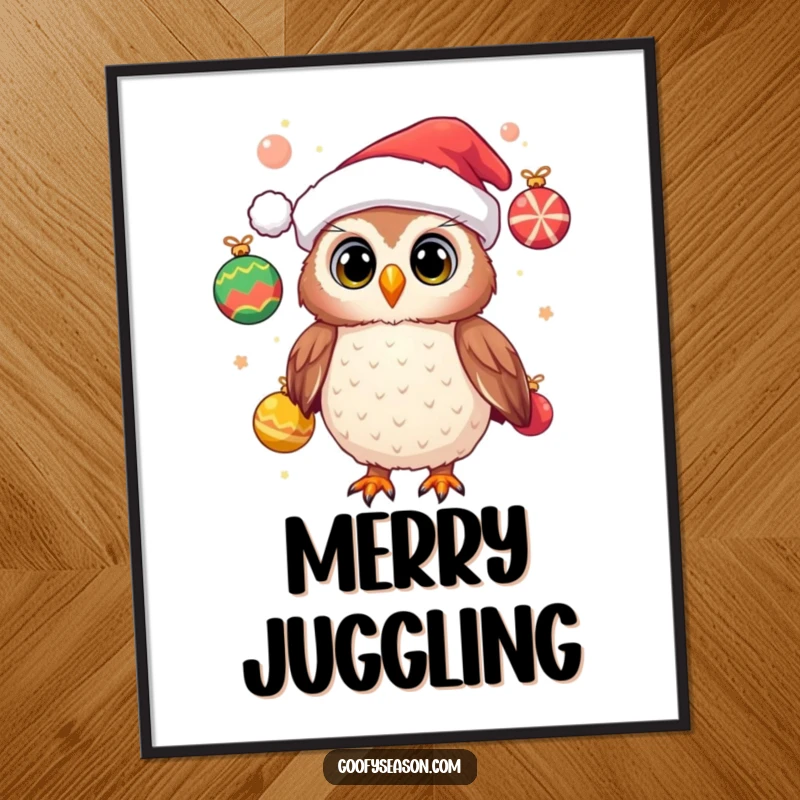 Funny digital art print of a cheerful owl wearing a Santa hat and juggling festive ornaments, offering instant festive holiday decor.