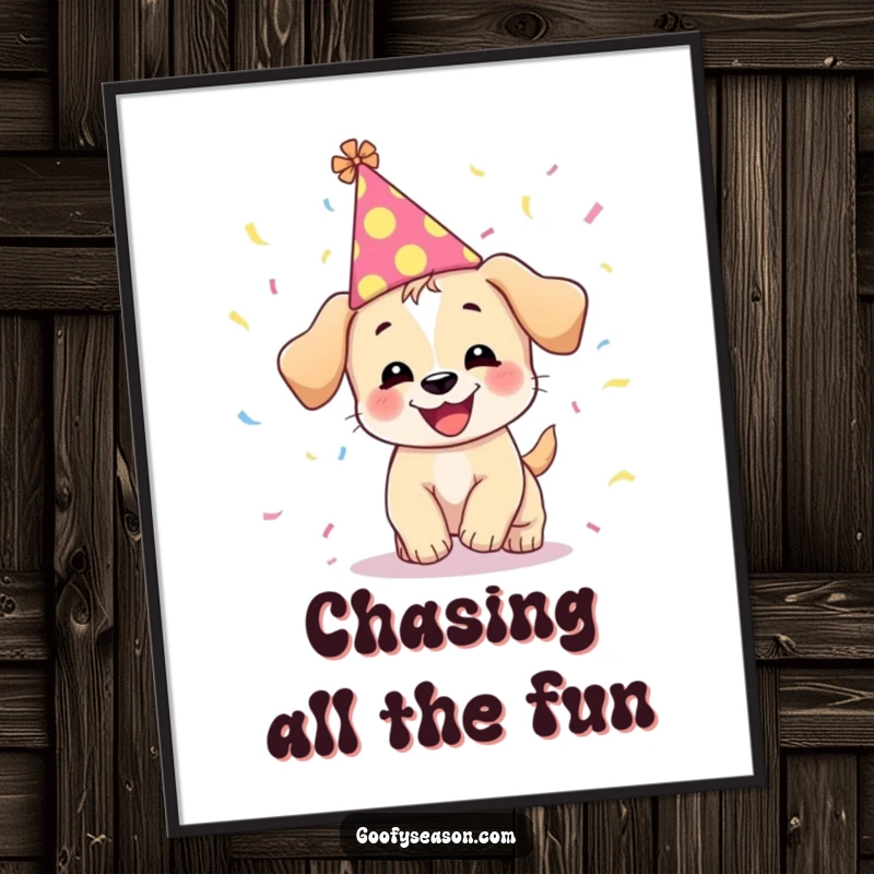 Funny digital art print of a giggling puppy in a party hat, joyfully chasing a shower of colorful confetti.