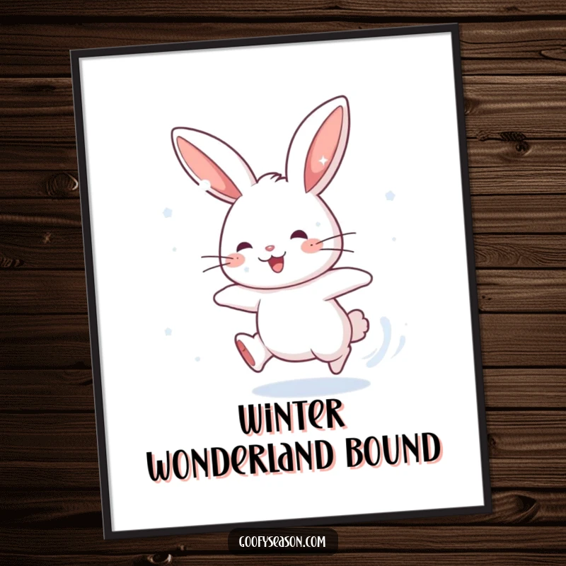 Funny digital art print: an energetic rabbit character chasing falling snowflakes, conveying humor and playful winter spirit.