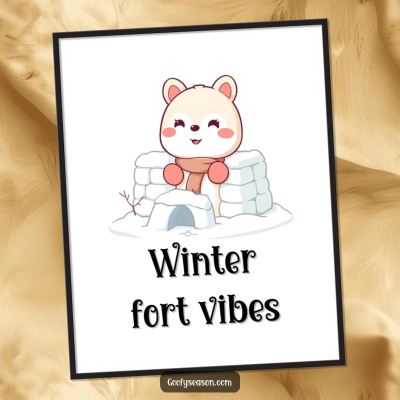 Funny digital art of an energetic smiling animal character wearing tiny mittens and building a snow fort.