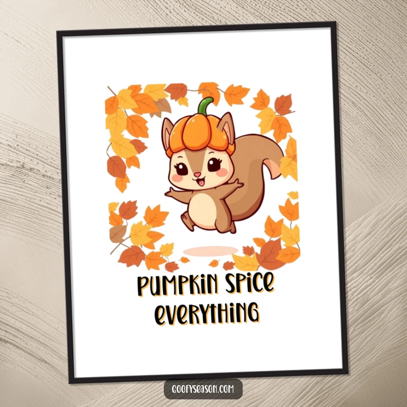 Funny digital art print of a playful squirrel wearing a pumpkin hat, jumping through autumn leaves, ready to add festive charm to any room.