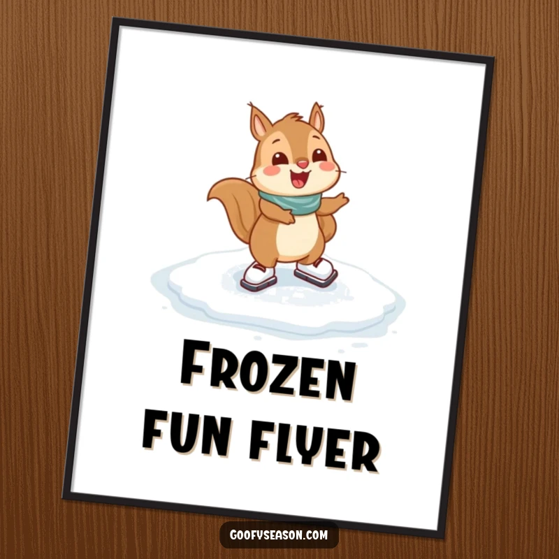 Funny Squirrel Digital Art Print: A happy squirrel character gleefully ice skating on a frozen puddle, radiating winter fun.