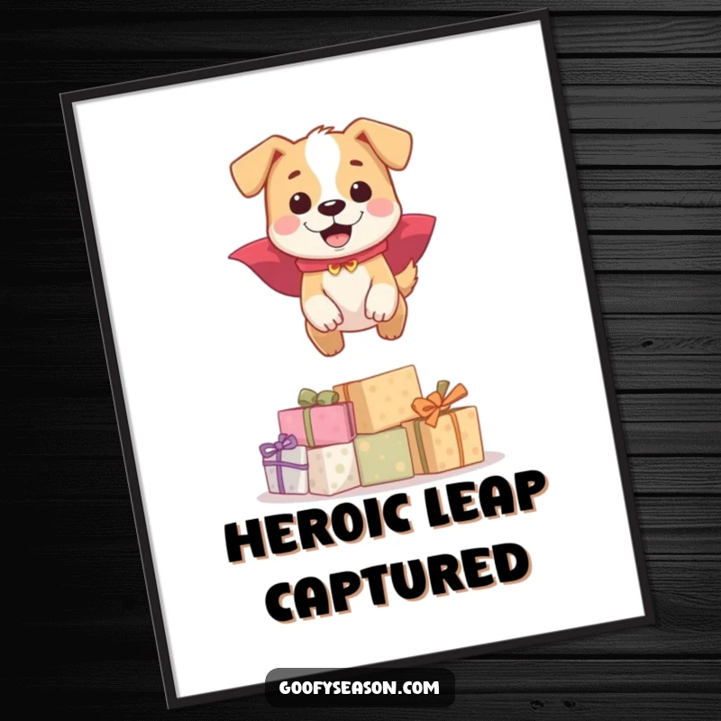 Funny happy dog with cape, jumping over presents, printable digital art, cheerful pet decor.