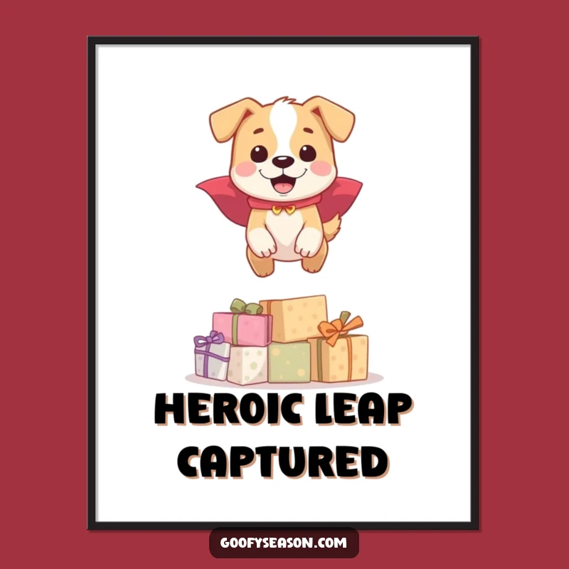 Funny Dog Cape Digital Art: Happy Hero Leaping Presents Illustration for Instant Decor