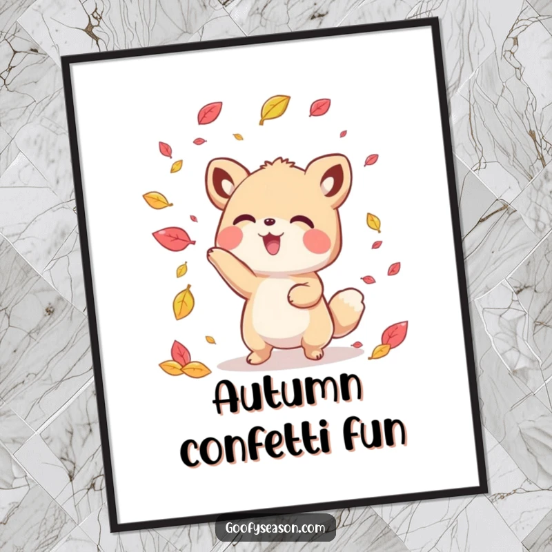 Funny kawaii animal character playfully tossing colorful autumn leaves in the air, vibrant digital art print.