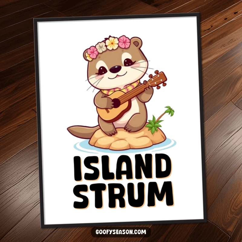 Funny otter digital art print of a cute otter with a lei playing a ukulele on a tiny island. Instant tropical decor.
