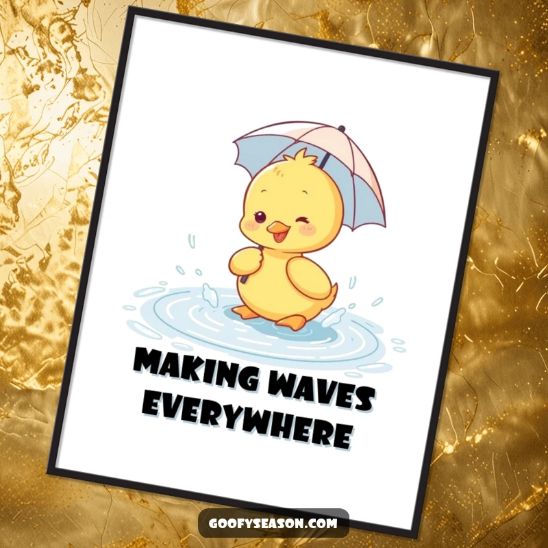 Funny digital art print of a happy duckling wearing a tiny umbrella, splashing exuberantly in a rain puddle.