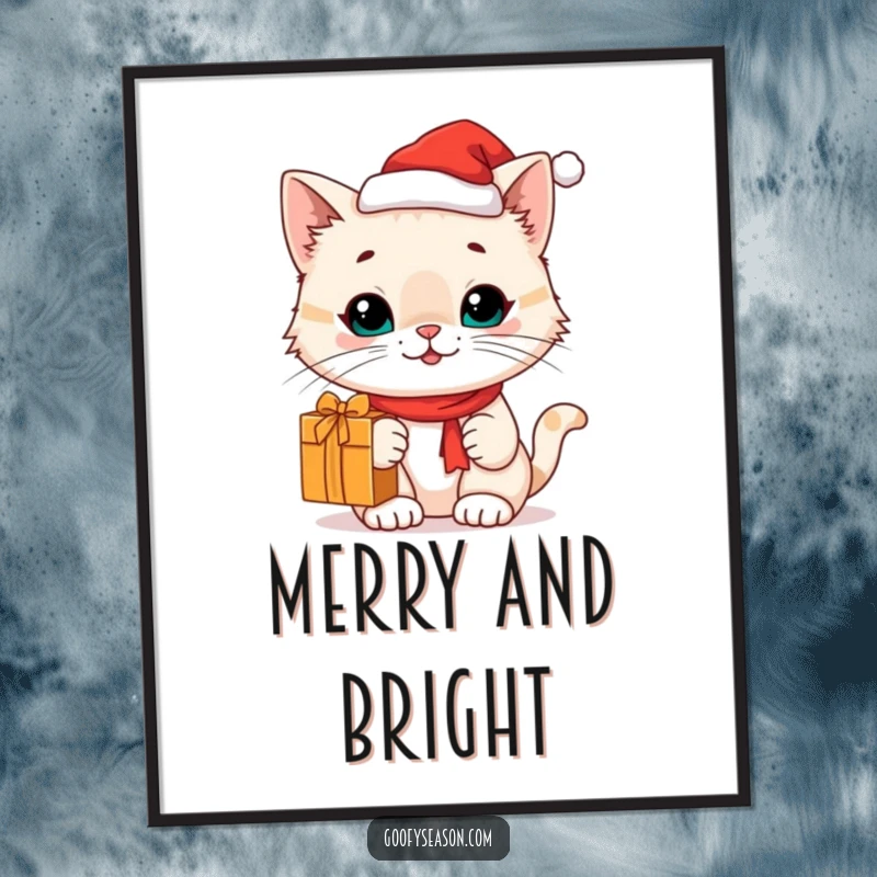 Funny cat in a Santa hat holding a gift, presented as a digital art print, bringing holiday cheer, funny gift.
