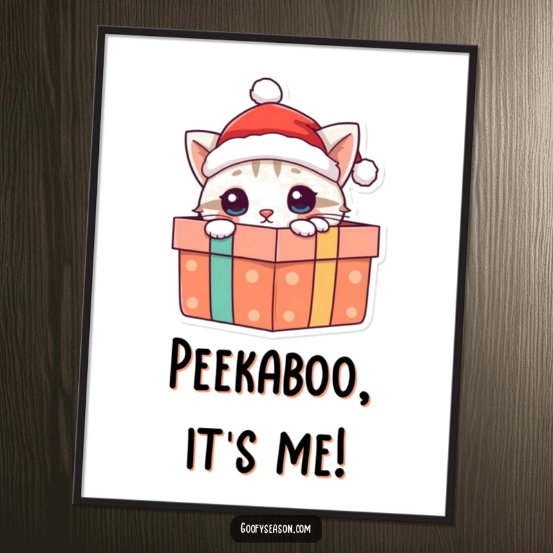 Funny cat digital art print: a curious cat in a Santa hat peeking out of a present, instant festive decoration.