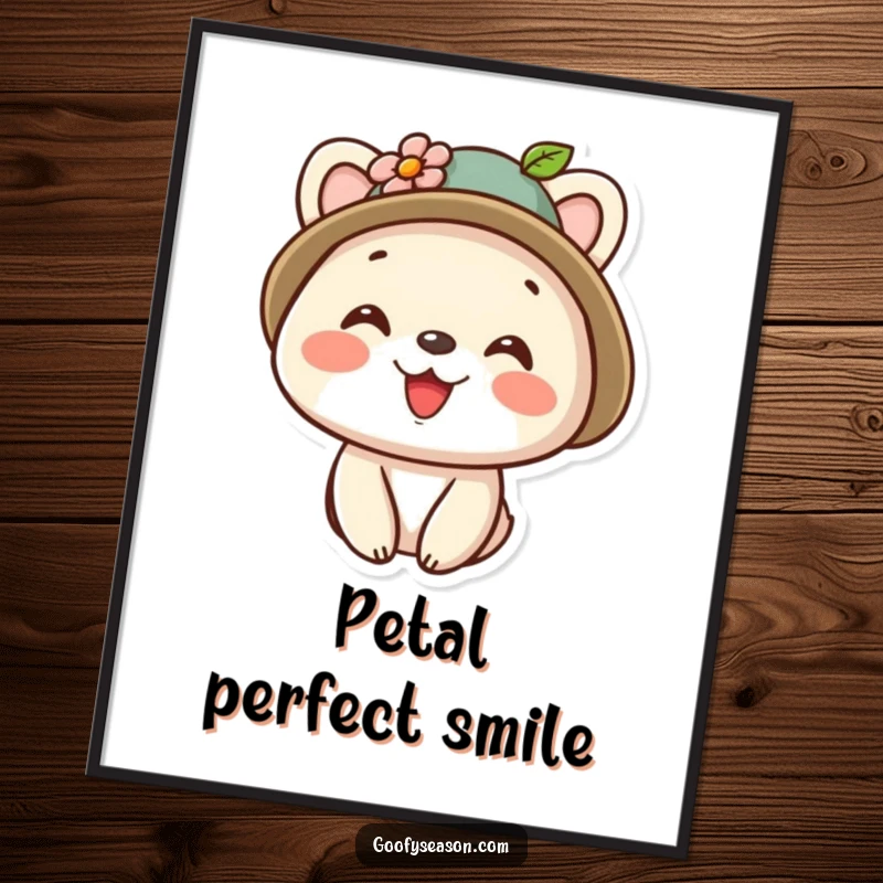 Funny kawaii animal character wearing a cute hat with a flower and a big smile, ideal for digital art prints.