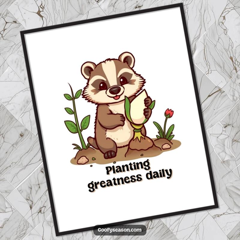 Funny digital art print of a determined badger in gardening gloves, planting a very large bulb into the earth.
