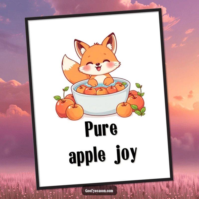 Funny Kawaii fox digital art print of a cute character gleefully bobbing for apples in a large tub, instant decor.