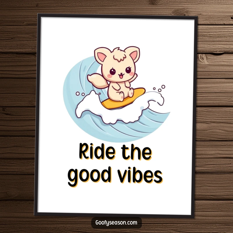 Funny kawaii animal character blissfully riding a rolling wave, ready to be printed as digital art.