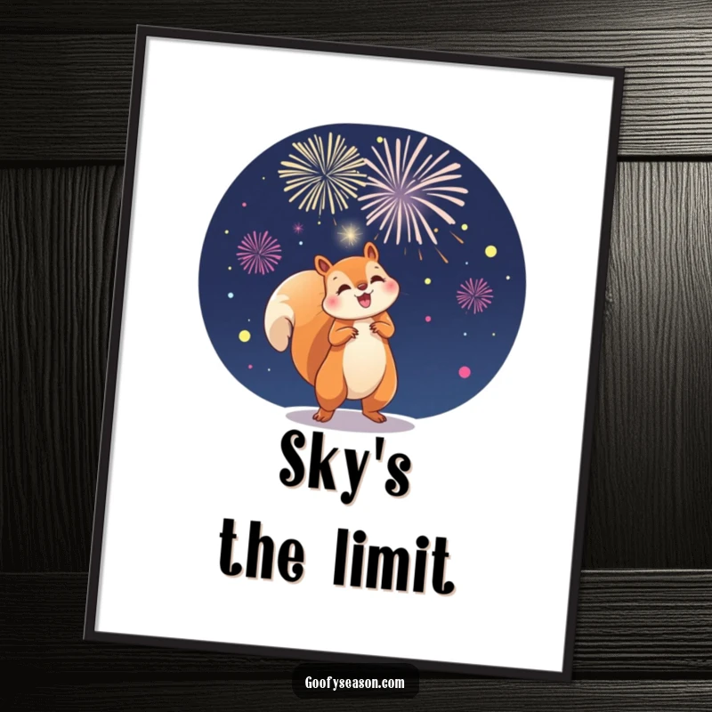 Funny digital art print of a playful squirrel launching fireworks in the night sky, capturing a moment of pure joy.