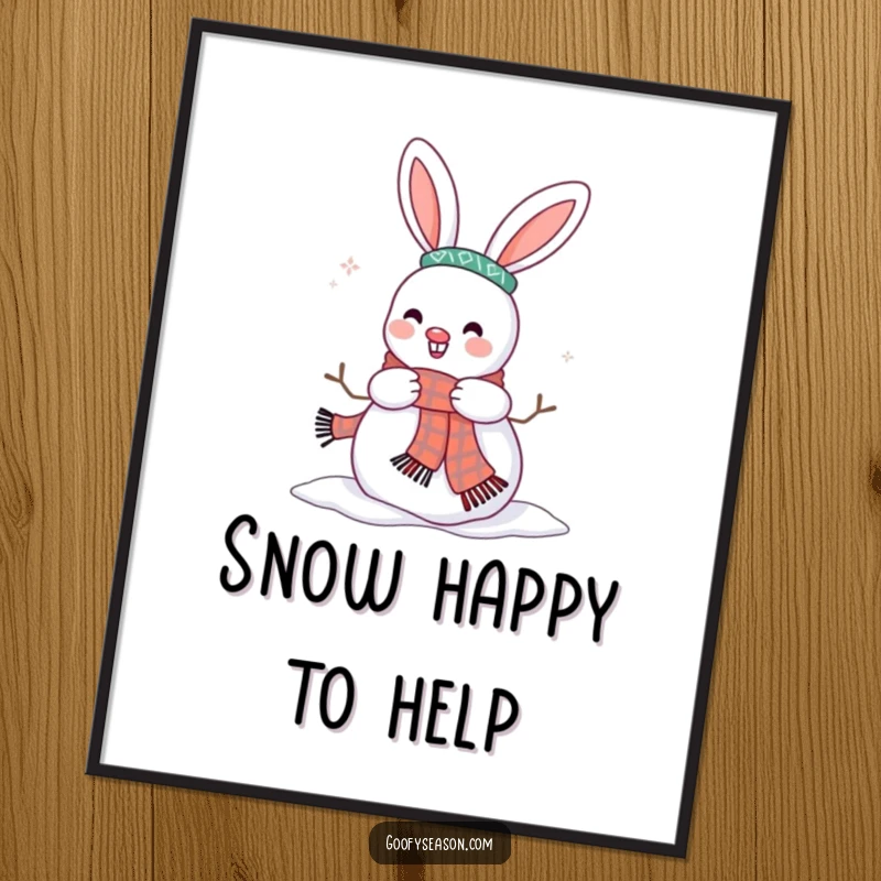 Funny digital art print of a happy bunny character placing a scarf on a snowman, capturing winter's playful spirit.