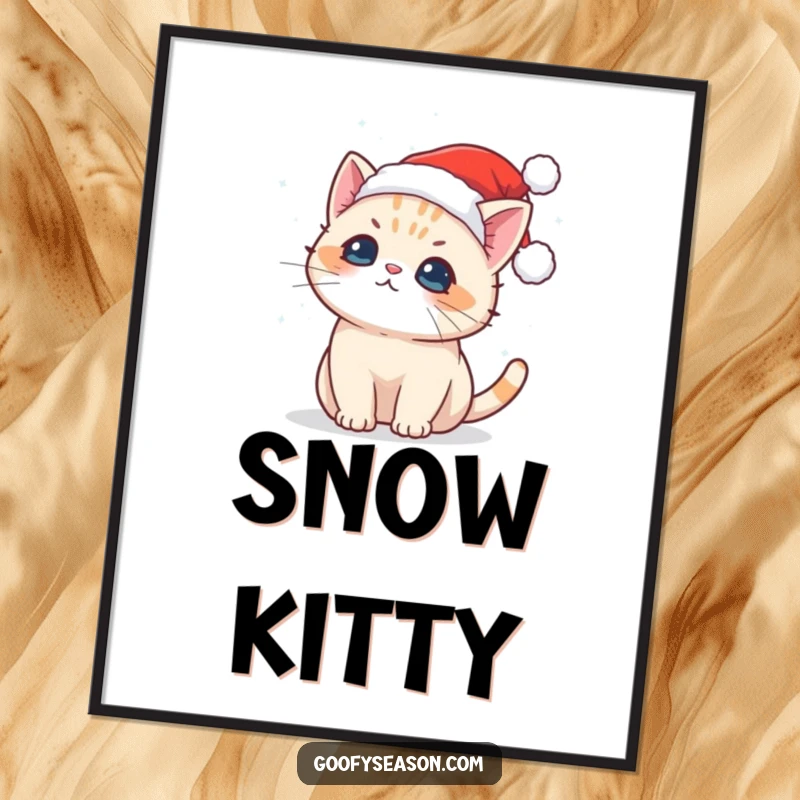 Funny digital art print of a cute Kawaii cat in a Santa hat catching snowflakes, festive and humorous wall art.