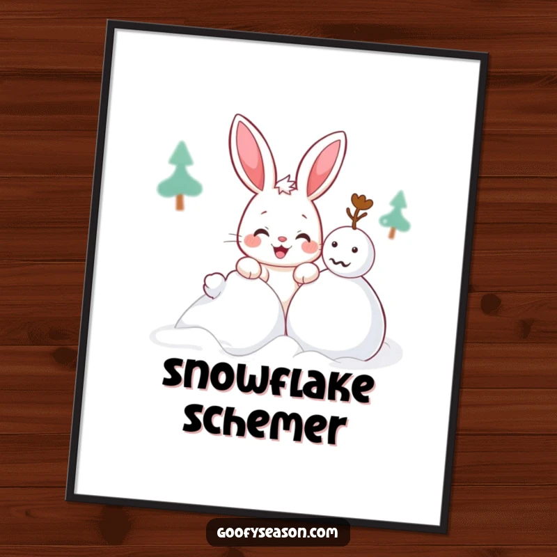 Funny Kawaii bunny digital art print of a cute character with a mischievous grin building a snowman, instant decor.
