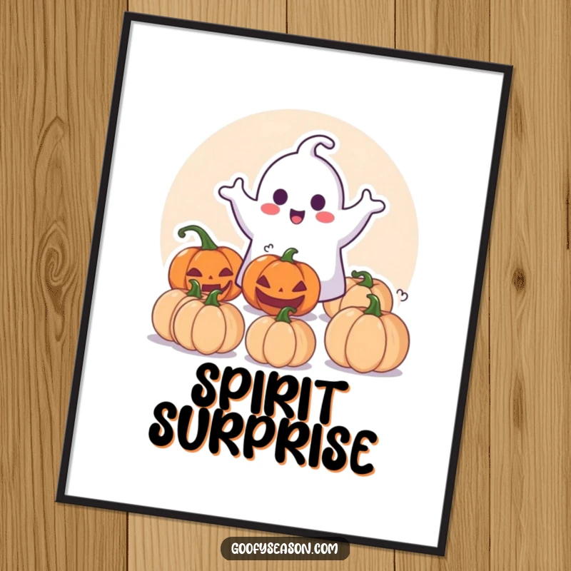 Funny Digital Art Print: Happy ghost character playfully surprising a group of pumpkins.