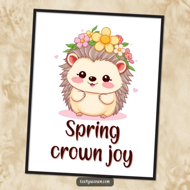 Funny Kawaii hedgehog with a flower crown, beaming during spring, captured in a vibrant digital art print.