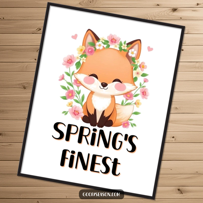Funny digital art print of a happy fox wearing a spring wreath, surrounded by blooming flowers, offering instant vibrant spring decor.