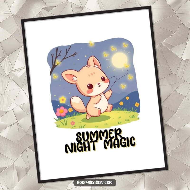 Funny kawaii animal character playfully chasing glowing fireflies on a warm, starry summer night, ideal for digital art prints.