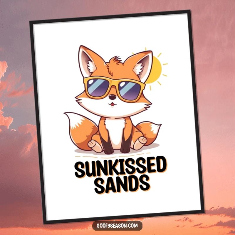 Funny fox wearing oversized sunglasses, enjoying a sunny beach day, a humorous digital art print.
