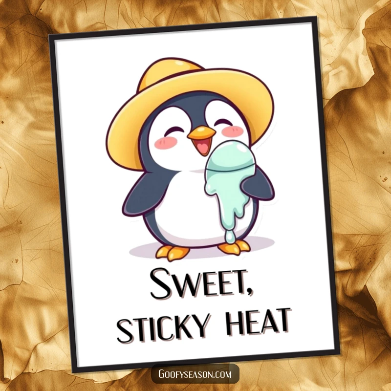 Funny Digital Art Print: A happy penguin in a sun hat holds a melting ice cream cone.