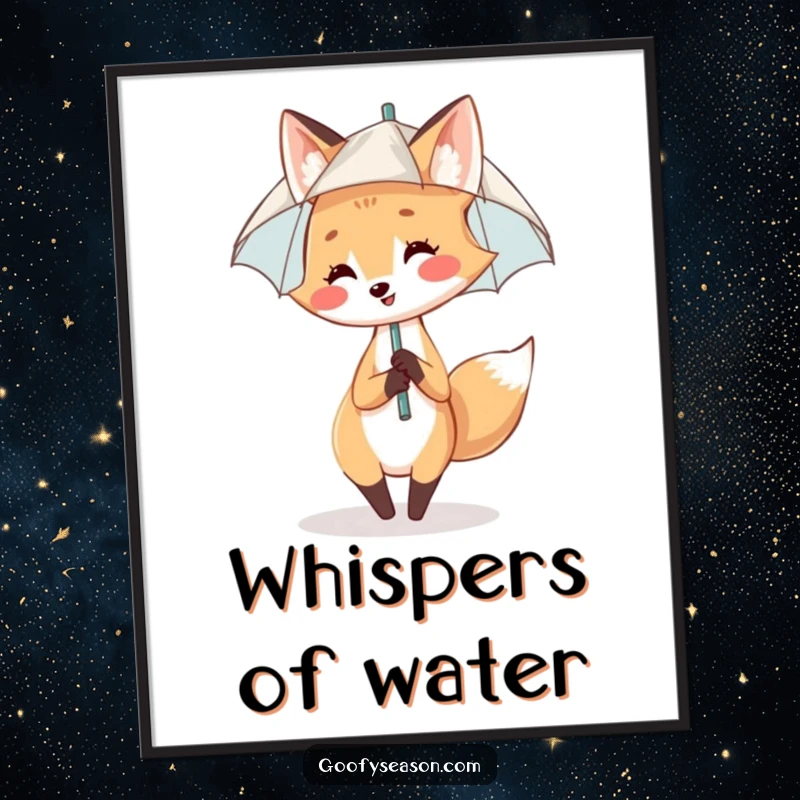 Funny Digital Art Print: A smiling fox happily dances in the rain, holding a tiny umbrella.