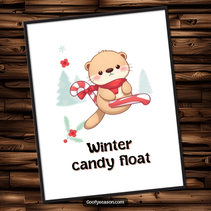 Funny Kawaii otter floating on a candy cane during winter merriment, depicted in a vibrant digital art print.