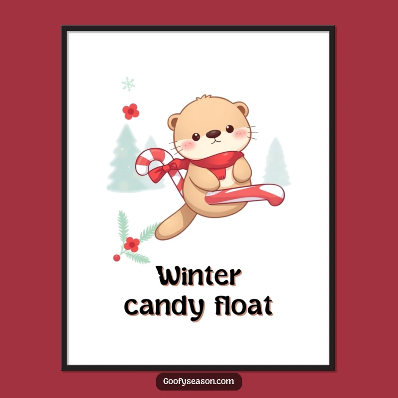 Funny Kawaii Otter Candy Cane Float Digital Art Print - Winter Wall Decor
