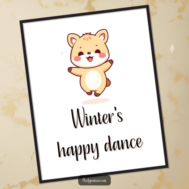 Funny kawaii animal character dancing gleefully in a whimsical snow scene, ideal for digital art prints.