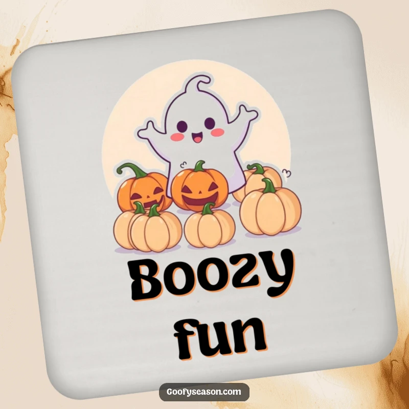 Funny Coaster: Happy ghost character playfully surprising pumpkins, adding a touch of spooky fun.