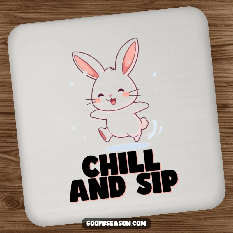 Funny coaster with an energetic rabbit character chasing snowflakes, adding humorous winter cheer and surface protection.