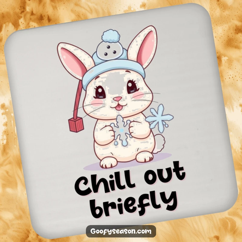 Funny coaster set with a cute bunny wearing a tiny snowman hat and holding a melting snowflake, protecting surfaces with winter charm.